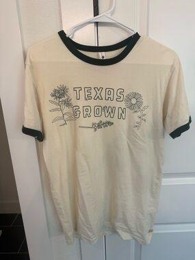 Cream Ringer Tee with Dark Green Trim - Texas Grown Graphic